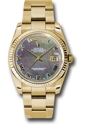 Rolex Yellow Gold Day-Date 36 Watch - Fluted Bezel - Dark Mother-Of-Pearl Roman Dial - Oyster Bracelet