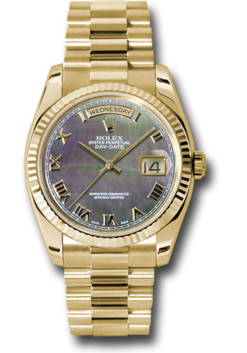 Rolex Yellow Gold Day-Date 36 Watch - Fluted Bezel - Dark Mother-Of-Pearl Roman Dial - President Bracelet