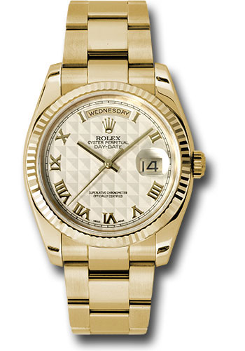 Rolex Yellow Gold Day-Date 36 Watch - Fluted Bezel - Ivory Pyramid Roman Dial - Oyster Bracelet