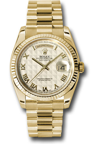 Rolex Yellow Gold Day-Date 36 Watch - Fluted Bezel - Ivory Pyramid Roman Dial - President Bracelet