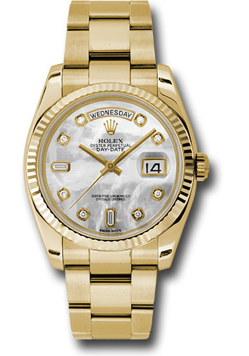 Rolex Yellow Gold Day-Date 36 Watch - Fluted Bezel - Mother-Of-Pearl Diamond Dial - Oyster Bracelet