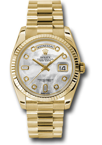 Rolex Yellow Gold Day-Date 36 Watch - Fluted Bezel - Mother-Of-Pearl Diamond Dial - President Bracelet