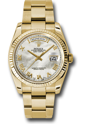 Rolex Yellow Gold Day-Date 36 Watch - Fluted Bezel - Mother-Of-Pearl Roman Dial - Oyster Bracelet