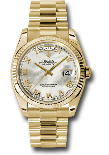 Rolex Yellow Gold Day-Date 36 Watch - Fluted Bezel - Mother-Of-Pearl Roman Dial - President Bracelet