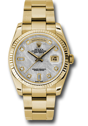 Rolex Yellow Gold Day-Date 36 Watch - Fluted Bezel - Meteorite Diamond Dial - Oyster Bracelet