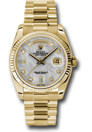 Rolex Yellow Gold Day-Date 36 Watch - Fluted Bezel - Meteorite Diamond Dial - President Bracelet
