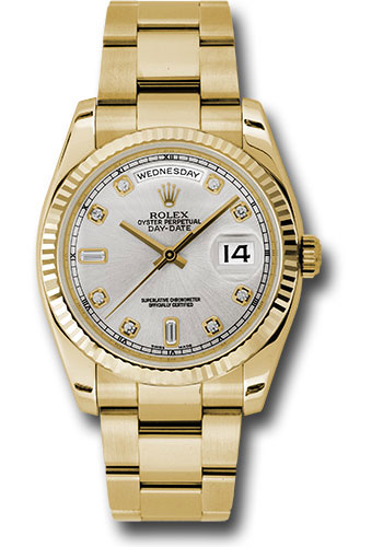 Rolex Yellow Gold Day-Date 36 Watch - Fluted Bezel - Silver Diamond Dial - Oyster Bracelet