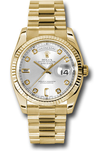 Rolex Yellow Gold Day-Date 36 Watch - Fluted Bezel - Silver Diamond Dial - President Bracelet