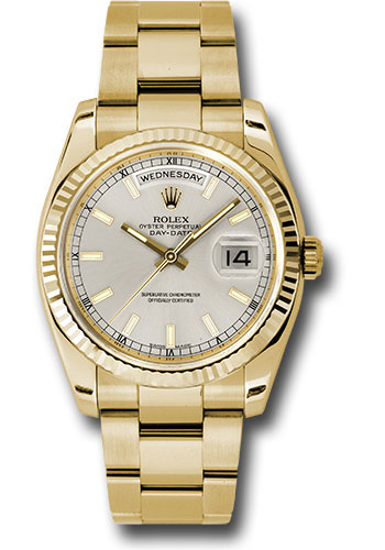 Rolex Yellow Gold Day-Date 36 Watch - Fluted Bezel - Silver Index Dial - Oyster Bracelet