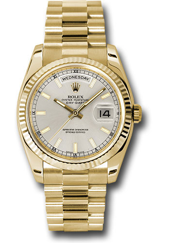 Rolex Yellow Gold Day-Date 36 Watch - Fluted Bezel - Silver Index Dial - President Bracelet