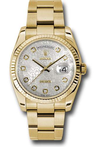 Rolex Yellow Gold Day-Date 36 Watch - Fluted Bezel - Silver Jubilee Diamond Dial - Oyster Bracelet