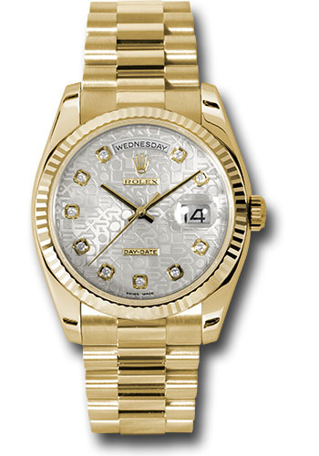 Rolex Yellow Gold Day-Date 36 Watch - Fluted Bezel - Silver Jubilee Diamond Dial - President Bracelet