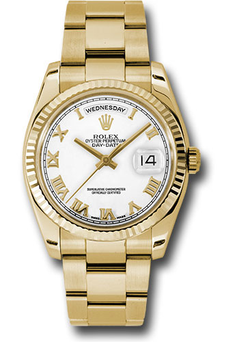 Rolex Yellow Gold Day-Date 36 Watch - Fluted Bezel - White Roman Dial - Oyster Bracelet