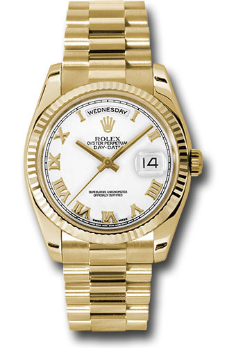 Rolex Yellow Gold Day-Date 36 Watch - Fluted Bezel - White Roman Dial - President Bracelet