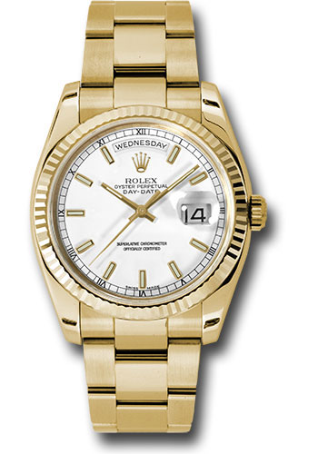 Rolex Yellow Gold Day-Date 36 Watch - Fluted Bezel - White Index Dial - Oyster Bracelet