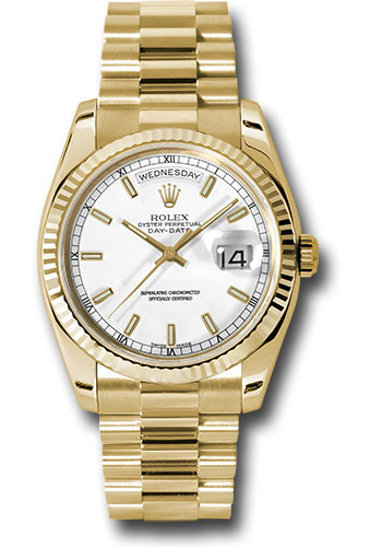 Rolex Yellow Gold Day-Date 36 Watch - Fluted Bezel - White Index Dial - President Bracelet