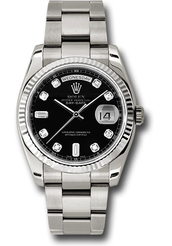 Rolex White Gold Day-Date 36 Watch - Fluted Bezel - Black Diamond Dial - Oyster Bracelet