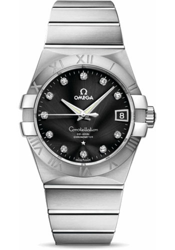 Omega Gents Constellation Chronometer Watch - 38 mm Brushed Steel Case - Black Diamond Dial