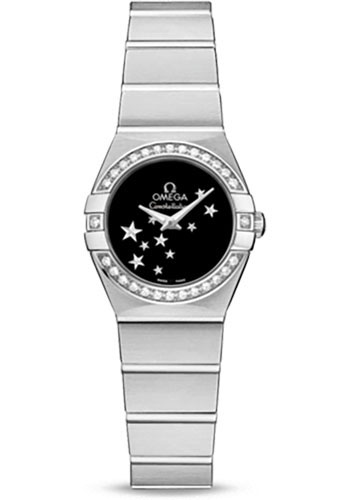 Omega Ladies Constellation Quartz Watch - 24 mm Brushed Steel Case - Diamond Bezel - Black Dial