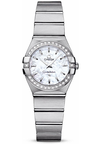 Omega Ladies Constellation Quartz Watch - 24 mm Brushed Steel Case - Diamond Bezel - Mother-Of-Pearl Dial