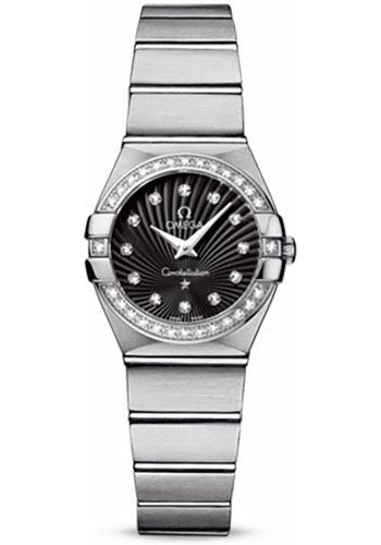 Omega Ladies Constellation Quartz Watch - 24 mm Brushed Steel Case - Diamond Bezel - Black Diamond Dial