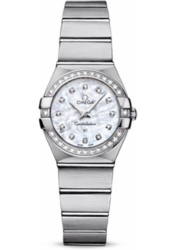 Omega Ladies Constellation Quartz Watch - 24 mm Brushed Steel Case - Diamond Bezel - Mother-Of-Pearl Diamond Dial