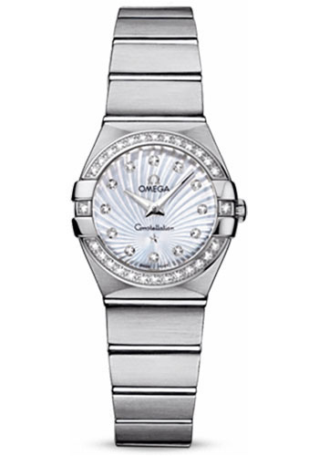 Omega Ladies Constellation Quartz Watch - 24 mm Brushed Steel Case - Diamond Bezel - Mother-Of-Pearl Diamond Dial