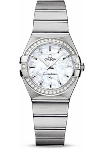 Omega Ladies Constellation Quartz Watch - 27 mm Brushed Steel Case - Diamond Bezel - Mother-Of-Pearl Dial