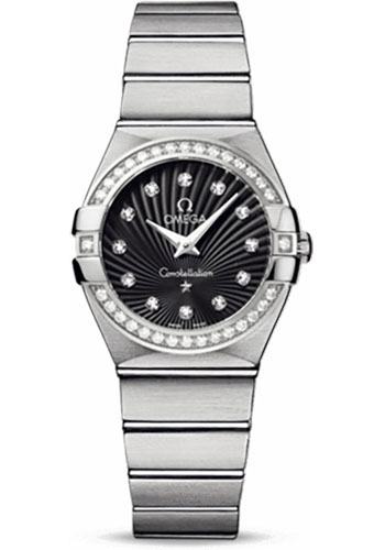 Omega Ladies Constellation Quartz Watch - 27 mm Brushed Steel Case - Diamond Bezel - Black Diamond Dial