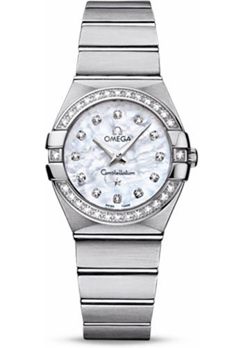 Omega Ladies Constellation Quartz Watch - 27 mm Brushed Steel Case - Diamond Bezel - Mother-Of-Pearl Diamond Dial