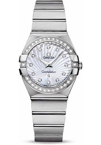 Omega Ladies Constellation Quartz Watch - 27 mm Brushed Steel Case - Diamond Bezel - Mother-Of-Pearl Diamond Dial