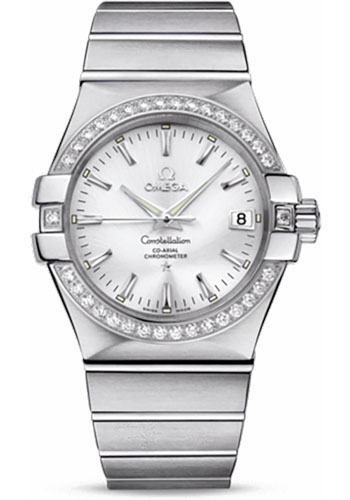 Omega Gents Constellation Chronometer Watch - 35 mm Brushed Steel Case - Diamond Bezel - Silver Dial