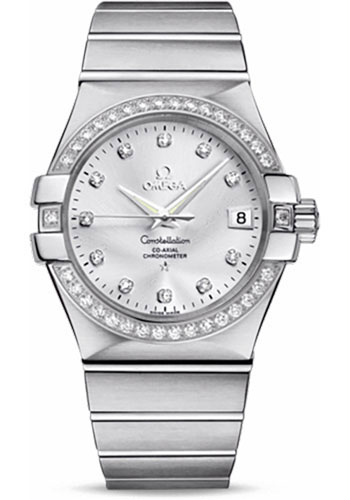 Omega Gents Constellation Chronometer Watch - 35 mm Brushed Steel Case - Diamond Bezel - Silver Diamond Dial