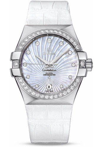 Omega Ladies Constellation Chronometer Watch - 35 mm Brushed Steel Case - Diamond Bezel - Mother-Of-Pearl Supernova Diamond Dial - White Leather Strap