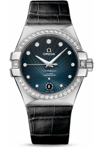 Omega Ladies Constellation Chronometer Watch - 35 mm Brushed Steel Case - Diamond Bezel - Blue Diamond Dial - Black Leather Strap