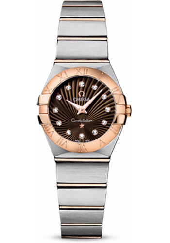 Omega Ladies Constellation Quartz Watch - 24 mm Brushed Steel And Red Gold Case - Brown Diamond Dial