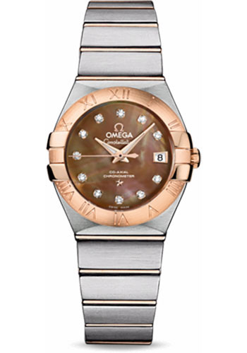 Omega Ladies Constellation Chronometer Watch - 27 mm Brushed Steel And Red Gold Case - Mother-Of-Pearl Diamond Dial