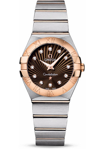 Omega Ladies Constellation Quartz Watch - 27 mm Brushed Steel And Red Gold Case - Brown Diamond Dial
