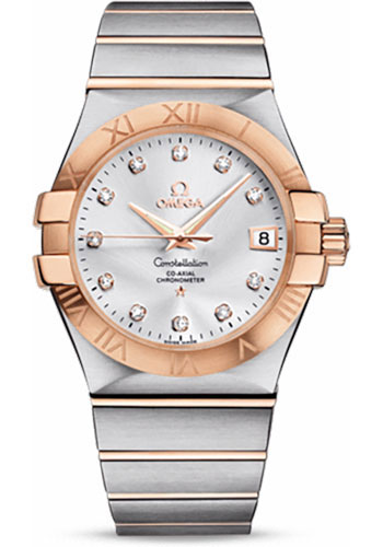 Omega Gents Constellation Chronometer Watch - 35 mm Brushed Steel And Red Gold Case - Silver Diamond Dial