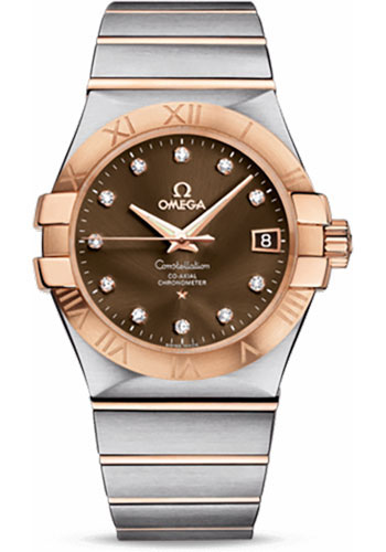 Omega Gents Constellation Chronometer Watch - 35 mm Brushed Steel And Red Gold Case - Brown Diamond Dial
