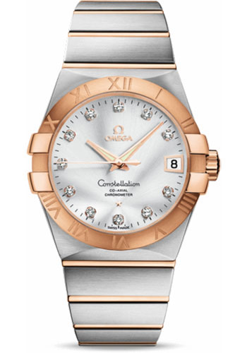Omega Gents Constellation Chronometer Watch - 38 mm Brushed Steel And Red Gold Case - Silver Diamond Dial