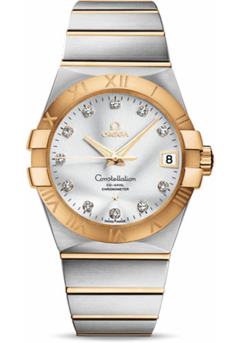Omega Gents Constellation Chronometer Watch - 38 mm Brushed Steel And Yellow Gold Case - Silver Diamond Dial