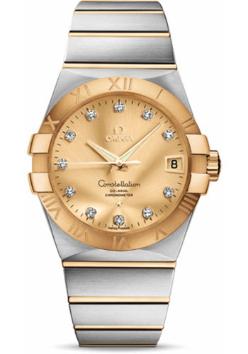Omega Gents Constellation Chronometer Watch - 38 mm Brushed Steel And Yellow Gold Case - Champagne Diamond Dial
