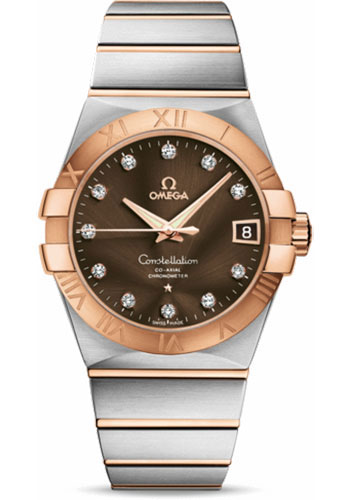 Omega Gents Constellation Chronometer Watch - 38 mm Brushed Steel And Red Gold Case - Brown Diamond Dial