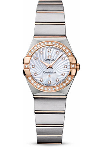 Omega Ladies Constellation Quartz Watch - 24 mm Brushed Steel And Red Gold Case - Diamond Bezel - Mother-Of-Pearl Diamond Dial