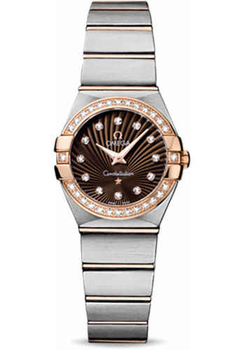 Omega Ladies Constellation Quartz Watch - 24 mm Brushed Steel And Red Gold Case - Diamond Bezel - Brown Diamond Dial