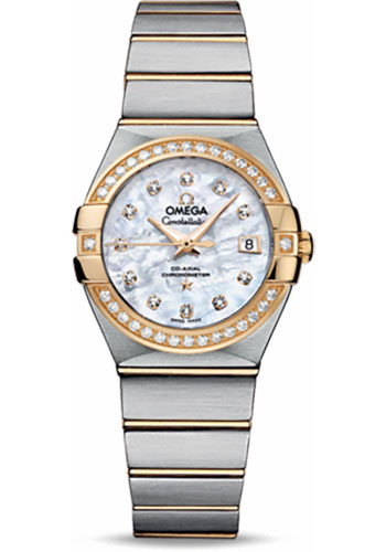 Omega Ladies Constellation Chronometer Watch - 27 mm Brushed Steel And Yellow Gold Case - Diamond Bezel - Mother-Of-Pearl Diamond Dial