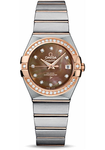 Omega Ladies Constellation Chronometer Watch - 27 mm Brushed Steel And Red Gold Case - Diamond Bezel - Dark Mother-Of-Pearl Diamond Dial