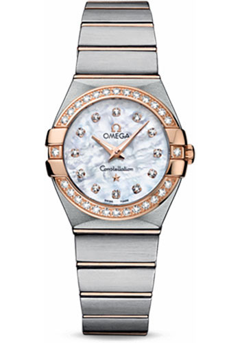 Omega Ladies Constellation Quartz Watch - 27 mm Brushed Steel And Red Gold Case - Diamond Bezel - Mother-Of-Pearl Diamond Dial