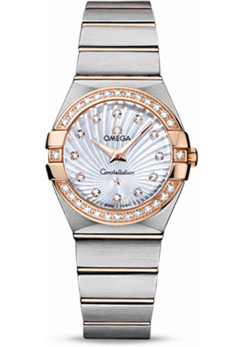 Omega Ladies Constellation Quartz Watch - 27 mm Brushed Steel And Red Gold Case - Diamond Bezel - Mother-Of-Pearl Diamond Dial